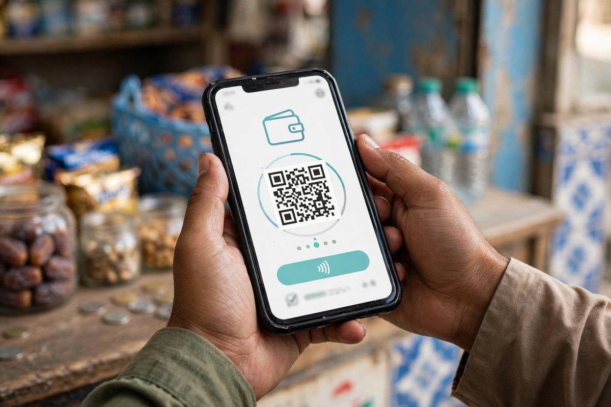 A seller checking a mobile wallet payment on a phone