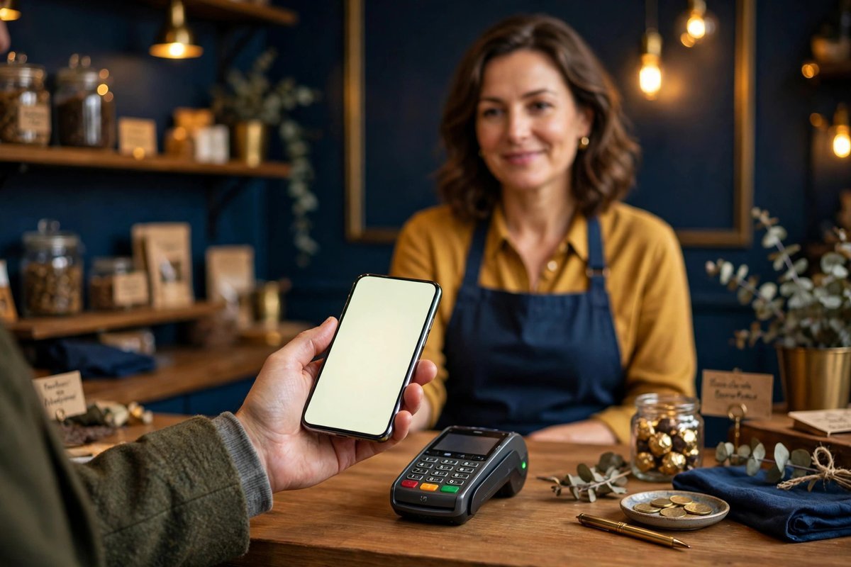 A customer paying with a smartphone at a shop counter