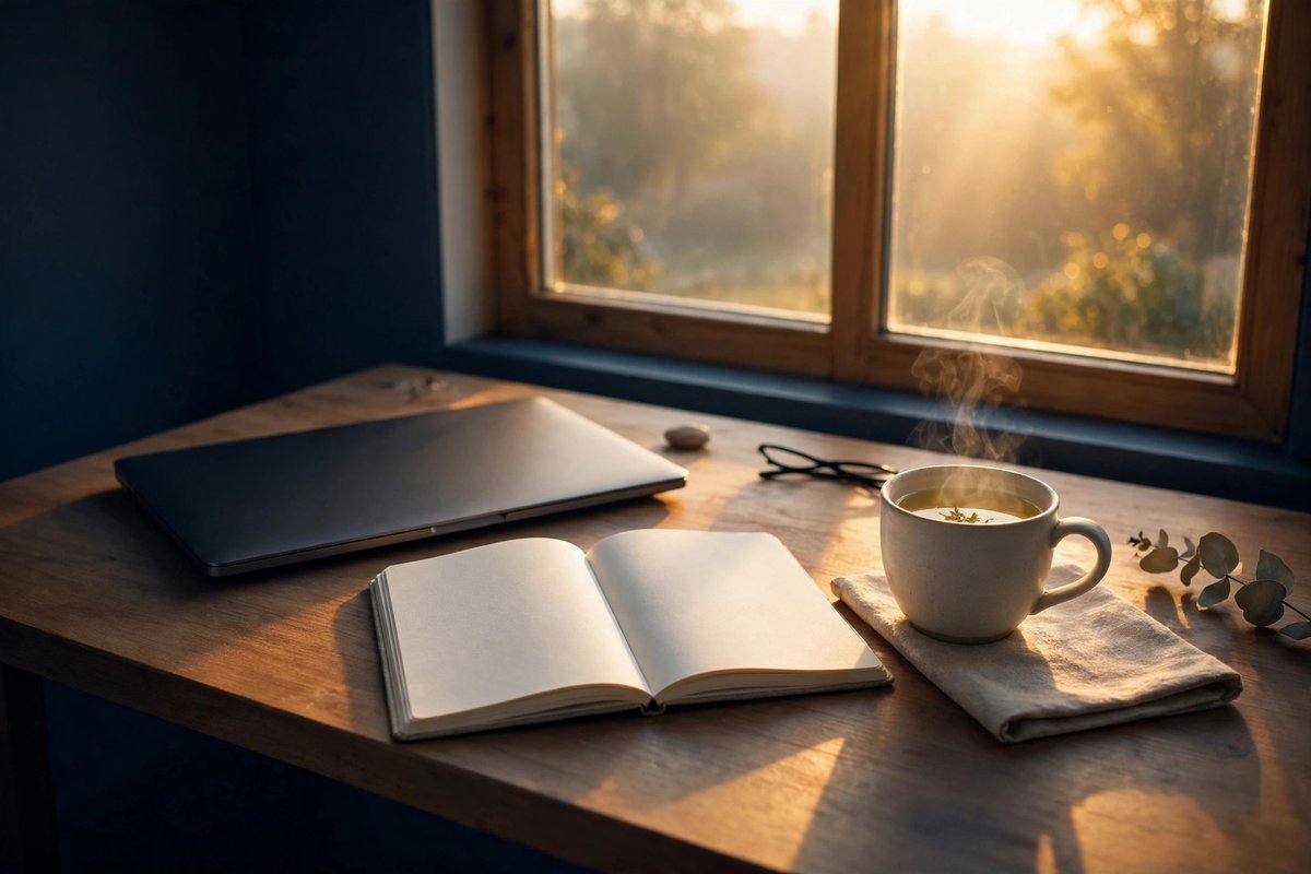 A tidy desk at sunrise, ready for a new beginning